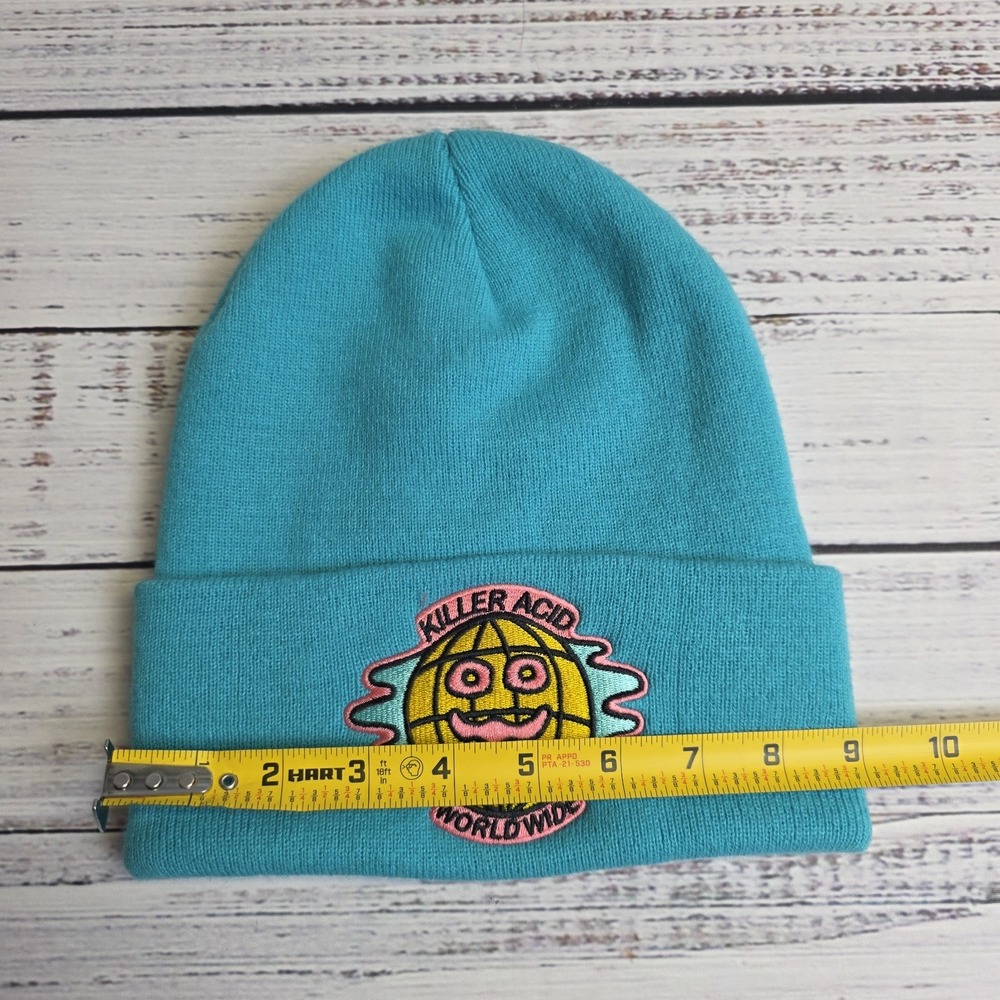 Killer Acid Worldwide Acrylic Beanie Hat Teal Embroidered Pink Yellow One Size - Picture 4 of 5
